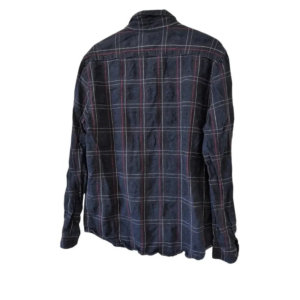 Baldwin Kansas City Flannel Shirt Linen Cotton Del Norte Navy Blue Plaid Mens XL